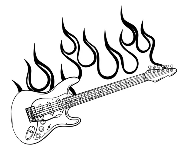 Marka gwiazdy rocka lub zespołu ognia logo. Gitara elektryczna ognisty i płomień muzyczny znak wektora. — Wektor stockowy