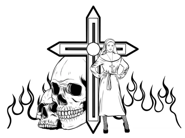 Purgatory nun in fire cartoon character vector — Stockový vektor