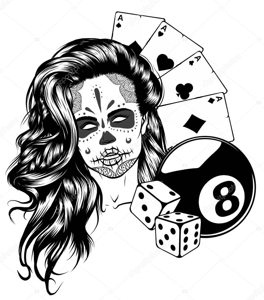 Vector Black and White Skull Candy Girl Illustration