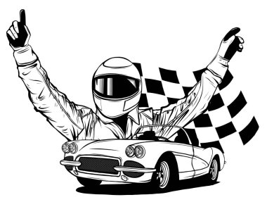 Bir yarış arabası sürücüsünün arabasının önünde vektör çizimi.