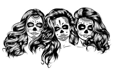 İskeleti olan kız el yapımı vektör çizimi. Santa Muerte kadın cadı portresi.