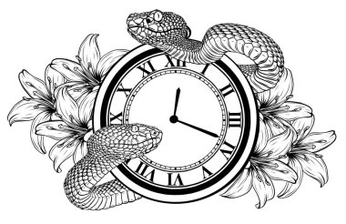 Watercolor pocket watch with rose hip flowers and berries. Vector vintage illustration.
