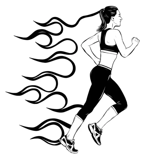 Visão lateral de comprimento total retrato de menina correndo jovem, mulher, atleta feminina, ilustração vetorial esboço isolado no fundo branco . —  Vetores de Stock