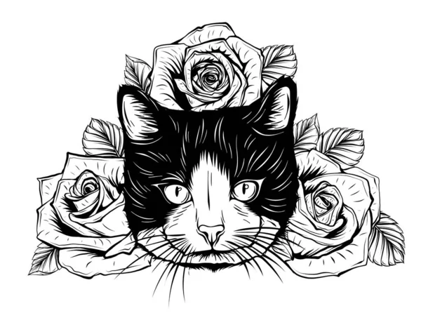 Hand drawn portrait of Cat with floral head wreath. — ストックベクタ