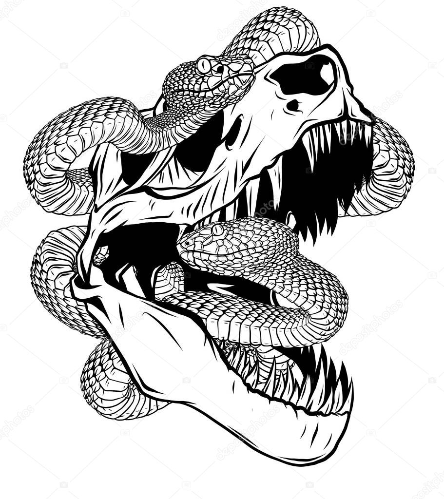 Vettoriale stockTeschio di dinosauro. Disegno di teschio T-Rex con serpente  di ©deanzangir@gmail.com #355970524, image size:911x1024