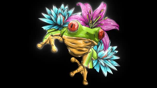 Квітка лотоса, жаба традиційний японський стиль сумі-е на старовинному акварельному фоні . — стокове відео