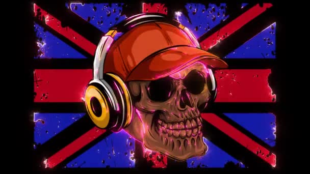 Skull Wearing Baseball Hat with Printed United Kingdom flag video animation — стоковое видео