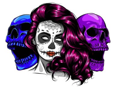 Vector hand drawn colorful illustration of Day Of The Dead Skull.Sugar skull girl. Skull sugar flower. clipart
