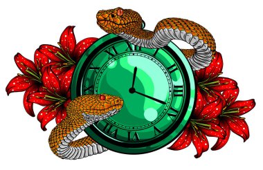 Vintage pocket watch with leaves and snake clipart