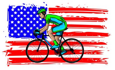 american cyclist riding racing bicycle cycling facing front set inside shield crest with usa stars and stripes flag in the background done in retro style.