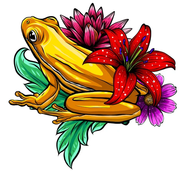Grenouille tropicale avec des fleurs illustration vectorielle — Image vectorielle