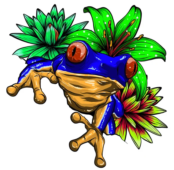 Tropischer Frosch mit Blumen Vektor Illustration Bild — Stockvektor