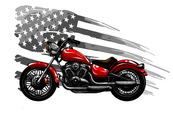 Hand dras och inked vintage American chopper motorcykel med amerikanska flaggan — Stock vektor