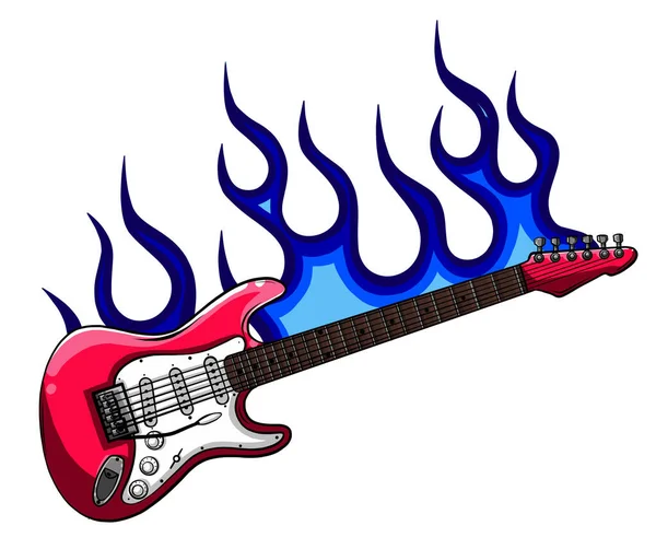 불에 타고 있는 붉은 베이스 기타를 그린 벡터 그림 — 스톡 벡터