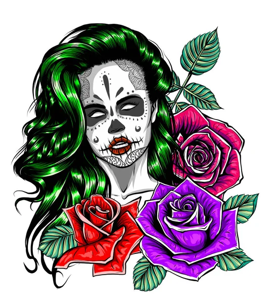 Crâne de sucre Vintage fille avec des roses pour le Jour des Morts — Image vectorielle