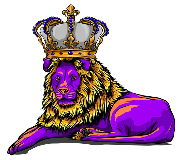 Royal lion with crown - animal king head with long mane — Stock Vector