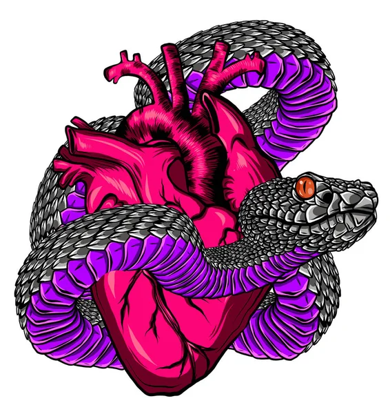 Tatuaggio di serpente e cuore. Simbolo di amore, invidia, malvagio vettore di design t-shirt — Vettoriale Stock