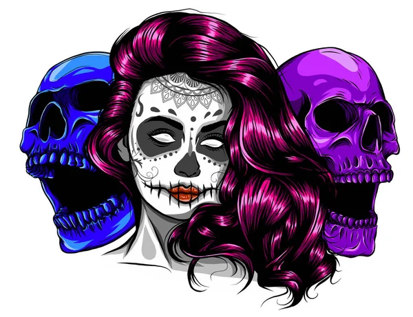 Wektor ręcznie rysowane kolorowe ilustracje Day Of The Dead Skull.Dziewczyna z czaszki cukru. Cukrowy kwiat czaszki. — Wektor stockowy
