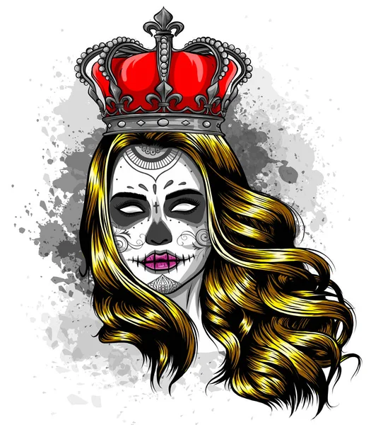 Weiblicher Schädel mit Krone und langen Haaren. Todeskönigin im Tätowierstil gezeichnet. Vektorillustration. — Stockvektor