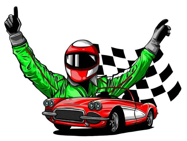 Vector illustratie van raceauto met checker vlag op grungy achtergrond — Stockvector