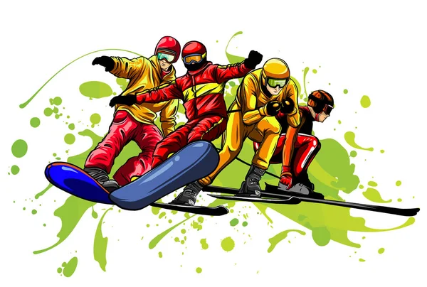 Concetto sci sport invernali stile piatto. Funivia, innevamento, hobby e scarponi, sport di stagione, scarpe e noleggio, discesa e sciatore — Vettoriale Stock