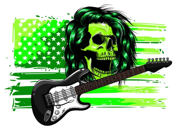 Human skull and electric guitar. Symbol of rock, musical festivals — Stock vektor