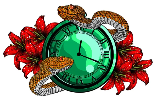 Vintage pocket watch with leaves and snake — Stock Vector