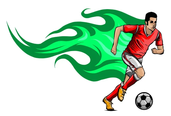 Fußballer kickt einen Ball und hat einen Hintergrund als Flammenvektor — Stockvektor
