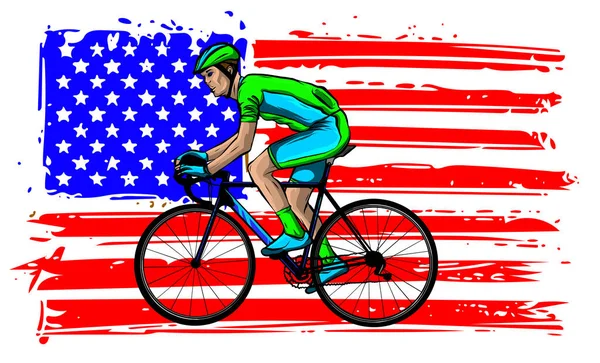 Ciclista americano andar de bicicleta de corrida ciclismo frente definida dentro escudo crista com EUA estrelas e listras bandeira no fundo feito em estilo retro . —  Vetores de Stock