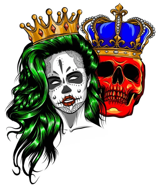 Roi et reine de la mort. Portrait d'un crâne avec une couronne. — Image vectorielle