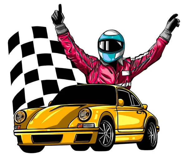 Vector illustratie van raceauto met checker vlag op grungy achtergrond — Stockvector