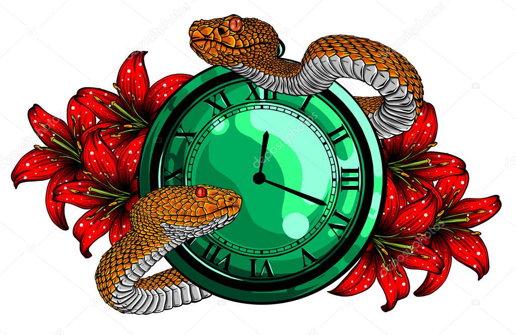 Vintage pocket watch with leaves and snake vector