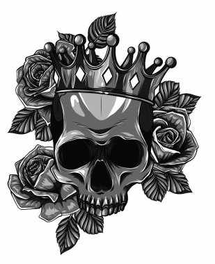 Monokromatik Vektör illüstrasyonu insan ölüm kafatası ve güller.