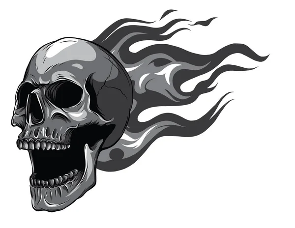 炎と炎の上の単色の頭蓋骨ベクトルイラスト — ストックベクタ