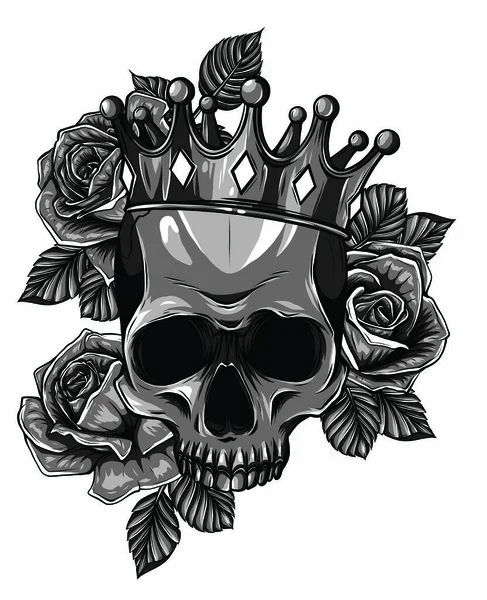 Monochromatyczny wektor ilustracja ludzka śmierć czaszka w koronie z różami — Wektor stockowy