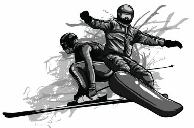 Kış sporları. Snowboard ve kayak yapan bir çift. Düz bir şekilde vektör illüstrasyonu