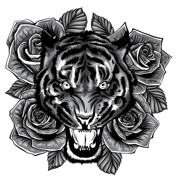 Διανυσματική απεικόνιση του βρυχηθμού τίγρη κεφάλι και τριαντάφυλλα τατουάζ — Διανυσματικό Αρχείο