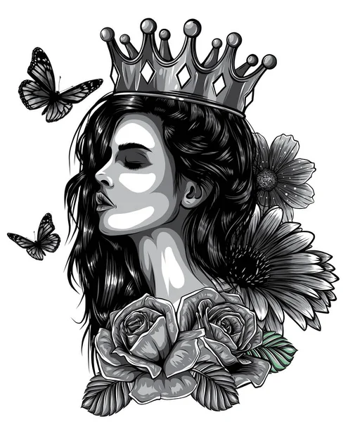 Kouzelná žena a motýlí tetování a design trička. Symbol retro, královna, princezna, dáma. — Stockový vektor