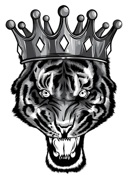 Retrato desenhado à mão de Tigre com coroa. Vetor — Vetor de Stock
