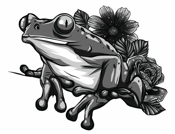Милая мультяшная лягушка с векторной иллюстрацией цветов — стоковый вектор