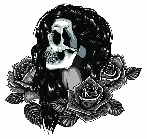 Vector Ilustración de cráneo blanco y negro chica con rosa en pelos sobre fondo blanco — Vector de stock