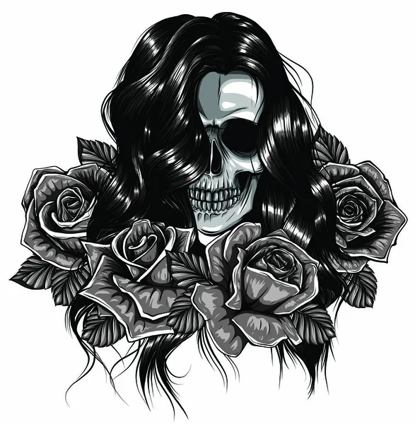 Vector Ilustración de cráneo blanco y negro chica con rosa en pelos sobre fondo blanco — Vector de stock