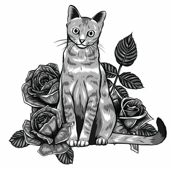 花の花輪をメインのカヌー猫の肖像画。手描きベクトルイラスト. — ストックベクタ