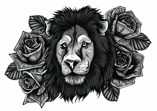 Un beau lion dans une couronne de rose sauvage. Illustration vectorielle — Image vectorielle