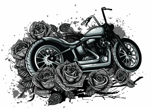 Motorcycle vector bike with roses and peonies, card frame — Stock Vector
