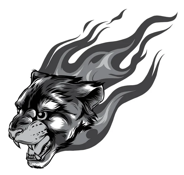 Testa di giaguaro con vettoriale del tatuaggio della fiamma illustrazione monocromatica — Vettoriale Stock