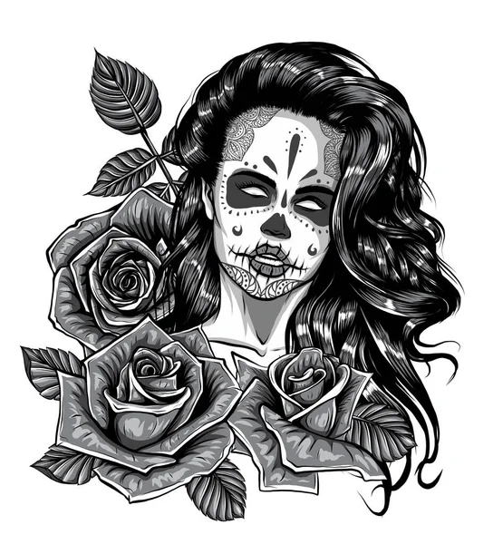 Monochromatyczna dziewczyna ze szkieletem tworzą ręcznie rysowany skecz wektorowy. Santa muerte kobieta czarownica portret akcji ilustracja — Wektor stockowy