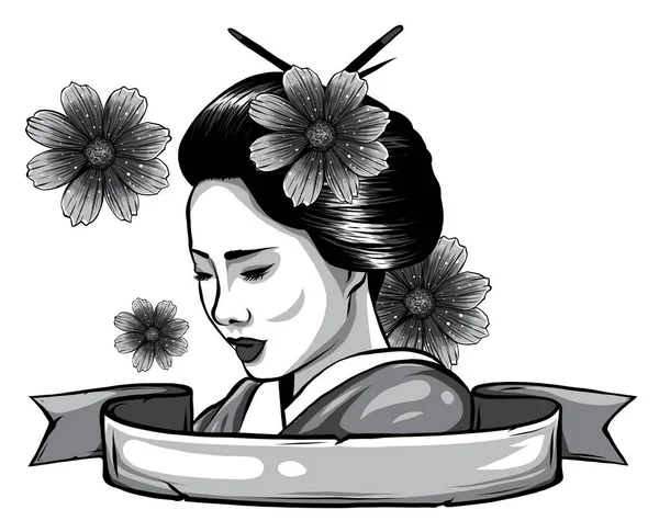 Monochromatic face of a geisha drawn like a comic — Stock Vector
