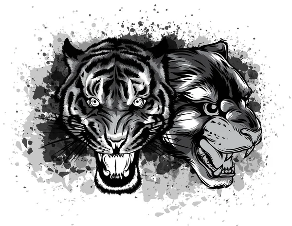 Monocromático Rostros combinados de león y tigre. ilustración vectorial — Vector de stock