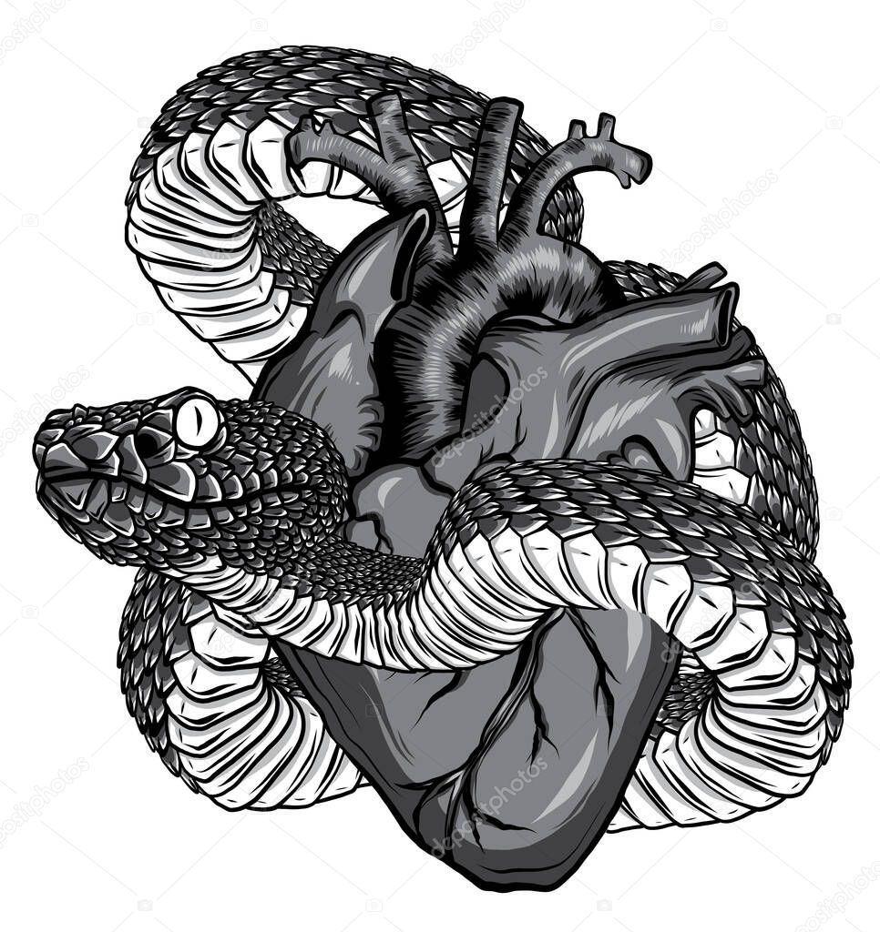 monochromatic Snake and heart tattoo. Symbol of love, envy, evil t-shirt design vector